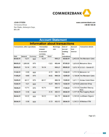 Download Belize Commerzbank bank statement excel Photoshop template